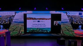 Ms Mijnhijmer on the screen starting her presentation.